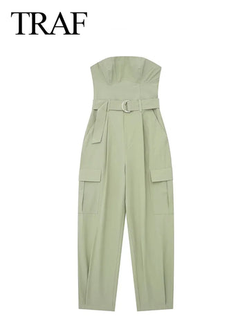 TRAF Spring New Women Fashion Y2K Jumpsuit Solid Green With Belt Sleeveless Green Cargo Pants Loose Chic Female Clothing Street