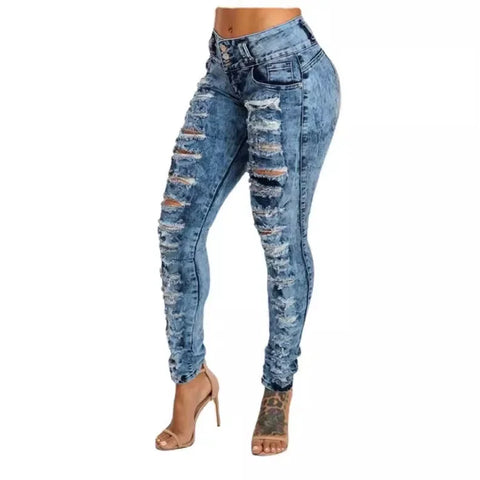 Jeans Ankle Length Women Pencil Denim Hole Pants Ripped Pockets High Waist Jean Skinny Streetwear Button Washed Distressed