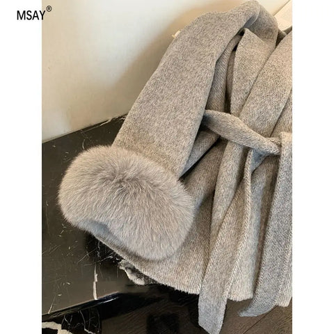 Women's New Autumn And Winter Versatile Tweed Cape Coat Belt Models High-level Sense of Fox Fur Cuffs Blends Coat for Women