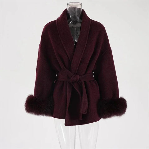 TARUXY Fox Fur Woolen Coats Women's Short Coat Office Lady Removable Elegant Double-sided Wool Overcoat 2025 New Cardigan Jacket