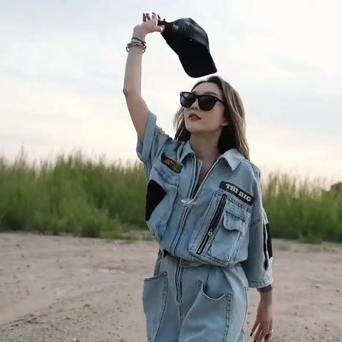 Zippers Denim Jumpsuit Motorcycle Cool  American Retro Women  Letters Jeans Chic Hottie Playsuits Wide Legs Shorts Rompers