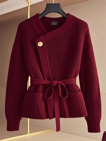 Red Fashion Knitted Cardigan Sweater Small Fragrant Women Spring Autumn Coat Top Temperament Belt Knitwear Femal 2025 NEW