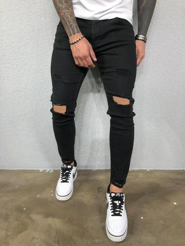 Biker Jeans Men's Distressed Stretch Ripped Biker Jeans Men Hip Hop Slim Fit Holes Punk Jeans Zipper Pure Color Denim Pants