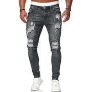 Biker Jeans Men's Distressed Stretch Ripped Biker Jeans Men Hip Hop Slim Fit Holes Punk Jeans Zipper Pure Color Denim Pants