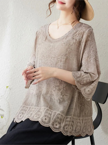 Oversized Summer Pullover T-Shirts Tops Women Floral Embroidery Mesh Fashion Hollow Out Ladies Blouses Loose Casual Woman Tops