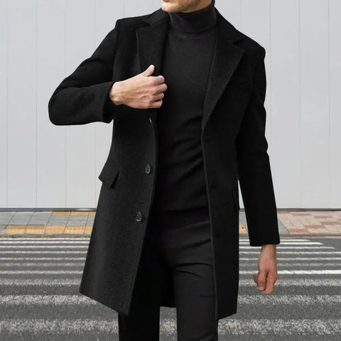 British Style Men Woolen Coat Flap Pockets Single-breasted Elegant Men Blazer Trench Coat Mid-length Long Winter Warm Overcoat