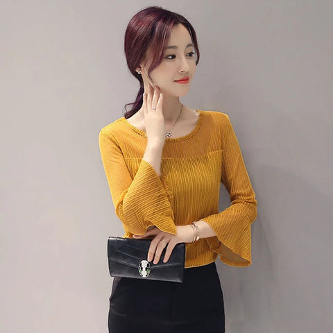 Elegant O-Neck Gauze Hollow Out Lace Flare Sleeve Blouse Women's Clothing 2023 Summer New Oversized Casual Pullovers Sweet Shirt