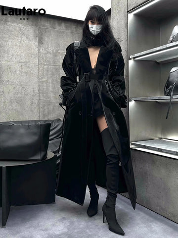 Lautaro Spring Autumn Extra Long Oversized Cool Reflective Shiny Black Patent Leather Trench Coat for Women Belt Runway Fashion