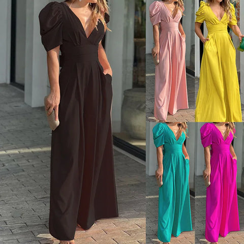 Women's Jumpsuit 2024 Autumn New Fashion Solid Color Full Sexy Clothing V-neck High Waist Loose Wide-leg Jumpsuits Playsuit