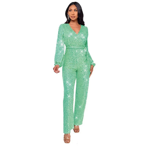 Spring And Summer Women's Clothing New Design Sense Deep V Fashion Casual Onesie Long Sleeve Belt Sequined Jumpsuit Temperament