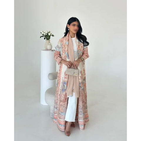 GGHK Pleated 2024 Spring and Autumn New Women Large Size Trench Dress Retro Printed Cardigan Design Female Luxury Abaya