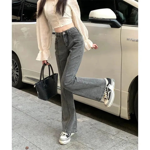 Vintage High Waist Flare Jeans Women Gray High Street Slim Boot Cut Denim Pants Stretchable Long Flared Denim Trousers Casual