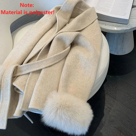 Women's New Autumn And Winter Versatile Tweed Cape Coat Belt Models High-level Sense of Fox Fur Cuffs Blends Coat for Women