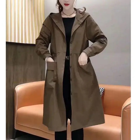 Solid Color Shirt Hooded Trench Coat Medium Long New Korean Version Fashionable Loose and Stylish Versatile Thin Jacket Women