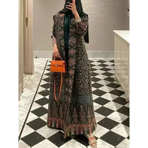 GGHK Pleated 2024 Spring and Autumn New Women Large Size Trench Dress Retro Printed Cardigan Design Female Luxury Abaya