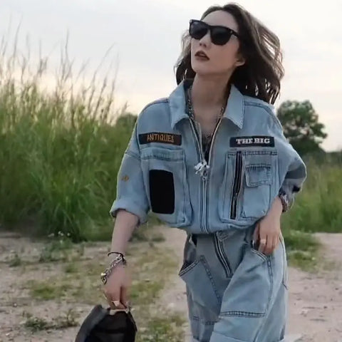 Zippers Denim Jumpsuit Motorcycle Cool  American Retro Women  Letters Jeans Chic Hottie Playsuits Wide Legs Shorts Rompers