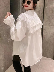 2024 Spring New Exquisite Beaded Lace Hollow-out Long White Black Oversized Shirts Blouses Women Lantern Long Sleeve Tops Blusas