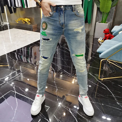 New Mens Ripped Splice Jeans Embroidery Skinny Pants High Quality Slim Vintage Blue Hip Hop Jeans Streetwear Mans Denim Trousers