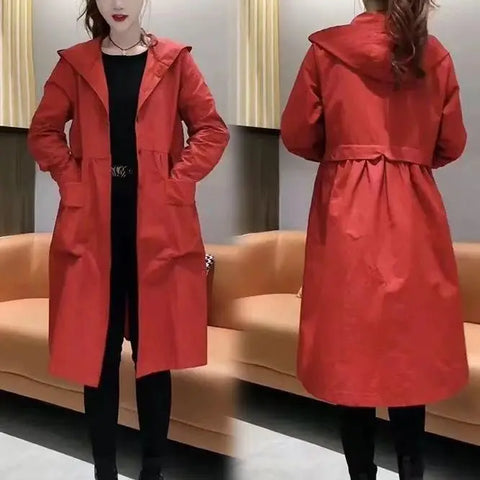 Solid Color Shirt Hooded Trench Coat Medium Long New Korean Version Fashionable Loose and Stylish Versatile Thin Jacket Women