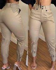 Casual Women's Pants Autumn Fashion Khaki Pencil Pants Casual High Waisted Button Pocket Women's Daily Commuting Cargo Pants