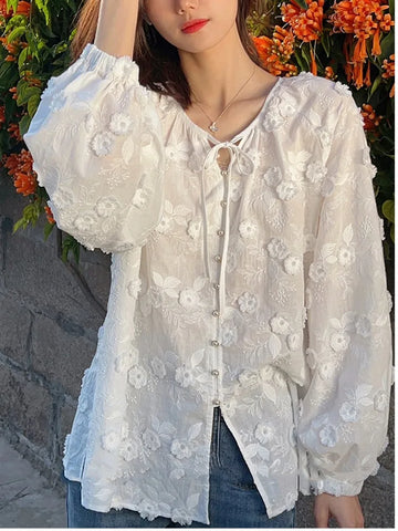 Embroidery White Shirt For Women 2023 Autumn New Elegant Chic Long Sleeve Oversized Blouses Office Ladies Button Up Casual Tops