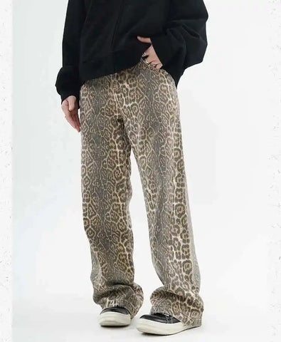 Women's American Vintage Leopard Print Washed Thin Jeans Street Casual Neutral Style DenimTrousers High Waist Straight Pants