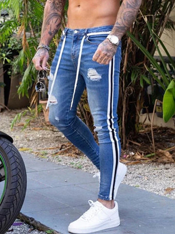 Biker Jeans Men's Distressed Stretch Ripped Biker Jeans Men Hip Hop Slim Fit Holes Punk Jeans Zipper Pure Color Denim Pants