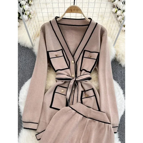 Fashion Women's Suits Autumn Long-Sleeve Lace-Up Waist V-Neck Knitted Cardigan Coat+ Wide-Leg Pants Knit Two Piec Set N242