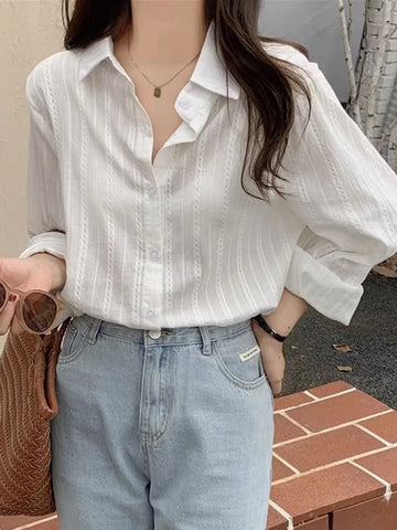 Embroidery White Shirt For Women 2023 Autumn New Elegant Chic Long Sleeve Oversized Blouses Office Ladies Button Up Casual Tops