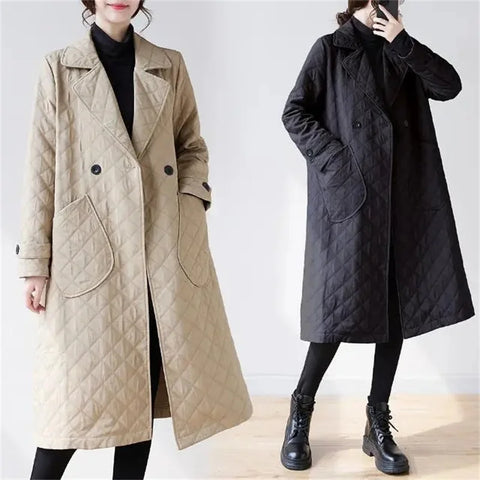 2025 Autumn Fashion Suit Collar Trench Coat Women's Double-Breasted Outwear Diamond Grid Lightweight Long Loose Coat Blazer Spri