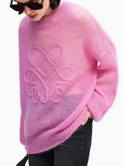 Women's Lightweight Crochet Knit Sweaters Long Sleeve Crewneck Cute Pattern Oversized Pullover Coverup Tops Pink Blouse A3130