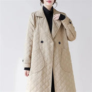 2025 Autumn Fashion Suit Collar Trench Coat Women's Double-Breasted Outwear Diamond Grid Lightweight Long Loose Coat Blazer Spri