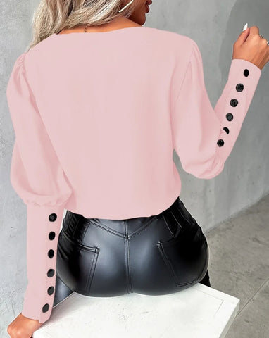 Elegant Women's Shirt Autumn 2025 New Fashion V-neck Pullover Solid Color Contrasting Loose Long Sleeved Button Women's Shirt