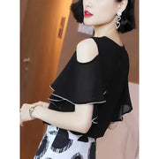 Fashion Off Shoulder O-Neck Spliced Ruffles Oversized Loose Hollow Out Chiffon Shirt Summer Casual Tops Commute Women's Blouse