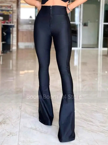 Zipper flared tights Fashion Black PU Leather Pants Women Mid Waist Skinny Push Up Leggings High Elasticity Pants Flared Trouser