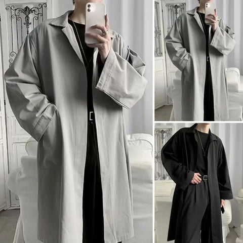 Elastic Men Trench Coat Stylish Lapel Trench Coat for Men Breathable Wrinkle-resistant Solid Color Spring Autumn Jacket Trendy