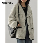 CHIC VEN Fashion Women's Wool Coat Single Breasted Vintage Jacket V-Neck Office Lady Overcoat Female Tops Spring Autumn 2023