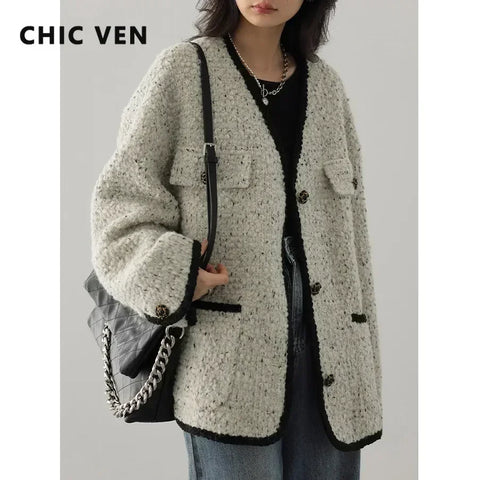 CHIC VEN Fashion Women's Wool Coat Single Breasted Vintage Jacket V-Neck Office Lady Overcoat Female Tops Spring Autumn 2023