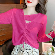 Fashion Asymmetrical Shirring Lace Up Bow Blouse Women Clothing 2023 Spring Summer Oversized Casual Pullovers Hollow Out Shirt