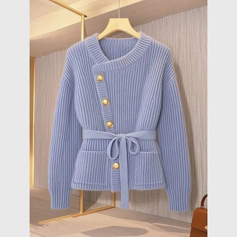 Red Fashion Knitted Cardigan Sweater Small Fragrant Women Spring Autumn Coat Top Temperament Belt Knitwear Femal 2025 NEW