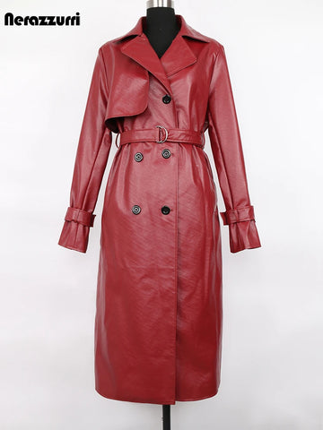 Nerazzurri Spring Long Wine Red Faux Leather Trench Coat for Women Double Breasted Luxury Designer Stylish Waterproof Raincoat