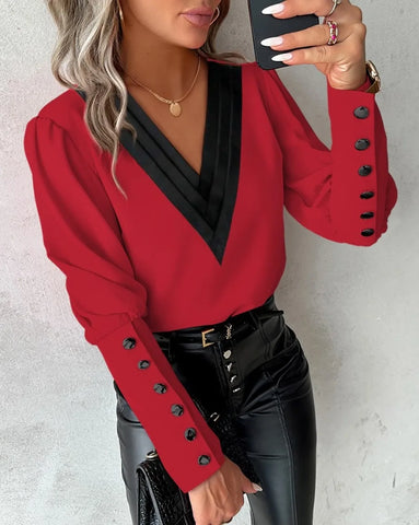 Elegant Women's Shirt Autumn 2025 New Fashion V-neck Pullover Solid Color Contrasting Loose Long Sleeved Button Women's Shirt