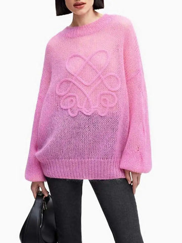 Women's Lightweight Crochet Knit Sweaters Long Sleeve Crewneck Cute Pattern Oversized Pullover Coverup Tops Pink Blouse A3130