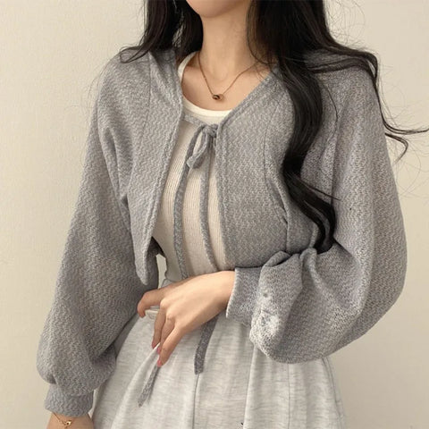 Deeptown Lace Up White Cardigan V Neck Knitwear Lantern Sleeve Women's Sweater Korean Fashion Spring Knit Oversize Wear To Work