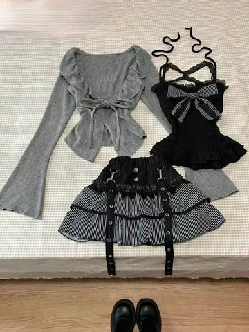 Autumn Winter Sweet Lolita 3 Piece Set Women Lace Up Knitted Cardigan+ Sexy Slim Strapless Vest Tops+ High Waist Ruched Skirts