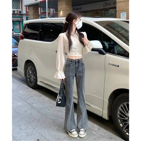 Vintage High Waist Flare Jeans Women Gray High Street Slim Boot Cut Denim Pants Stretchable Long Flared Denim Trousers Casual