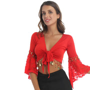 TiaoBug Women Lace Patchwork Three Quarter Flare Sleeve Bead Tassel Lace-Up Shawl Crop Tops Cardigan Indian Belly Dance Costume