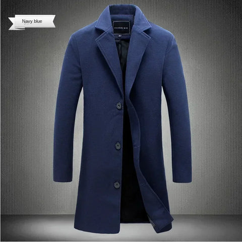 Men Long Cotton Coat 2024 Autumn Winter Wool Blend Pure Color Business Casual Slim Fit Windbreaker Jacket Fashion Men Clothing