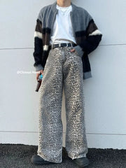 Women's American Vintage Leopard Print Washed Thin Jeans Street Casual Neutral Style DenimTrousers High Waist Straight Pants