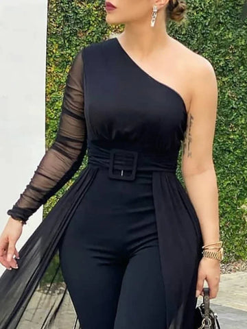 Women Fashion Casual One Shoulder Plain Sheer Mesh Jumpsuit Elegant Long Sleeve Chic Mesh Solid Patchwork Y2K Streetwear Female